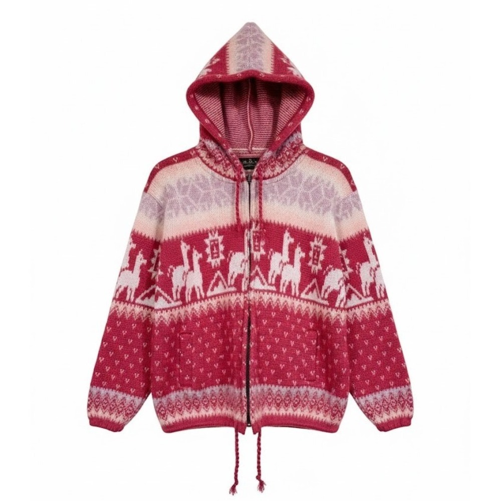 Tejidos Ruminahui Alpaca Wool Zip Up Hoodie Sweater S Red Llama Print